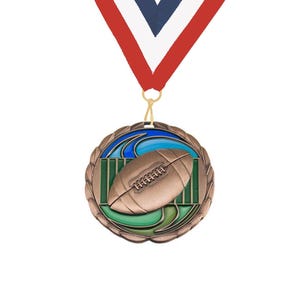 May include: A bronze-colored football medal with a red, white, and blue ribbon. The medal features a football in the center, set against a green and blue background, and is surrounded by a laurel wreath.