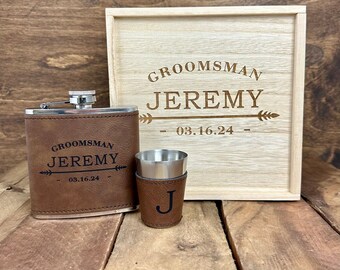 Groomsmen Gift Box, Custom Engraved Wood Box, Flask and Shot Glass Kit, Flask Gift Set