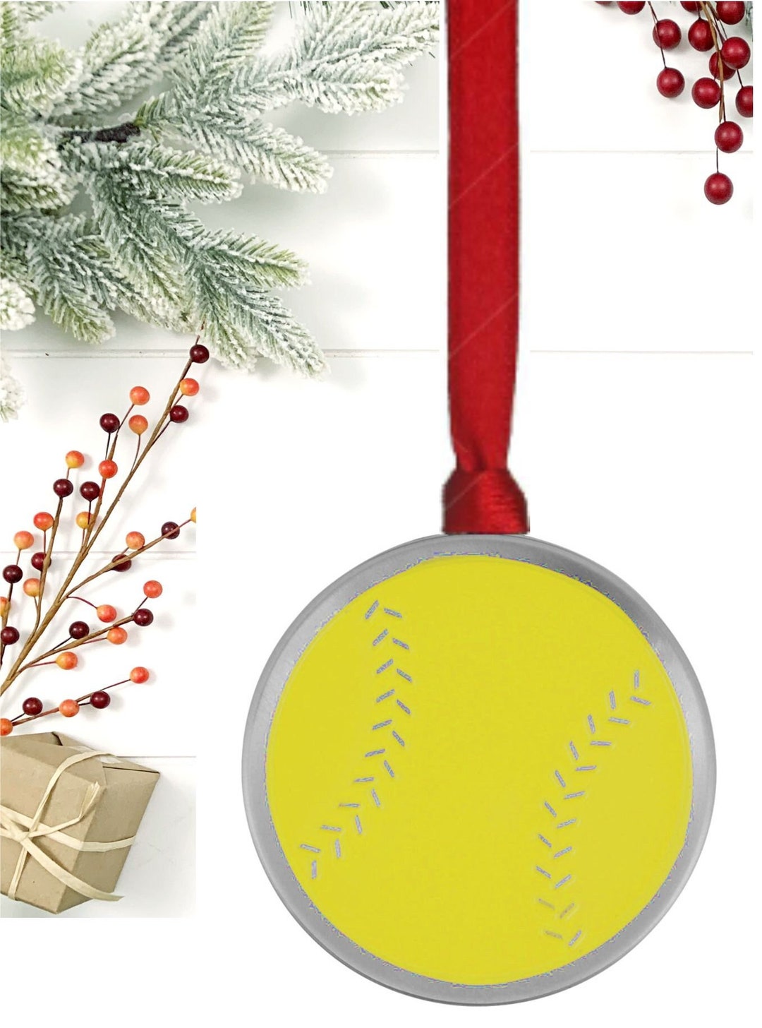 Softball Christmas Ornament With Custom Gift Box on Red Ribbon Etsy