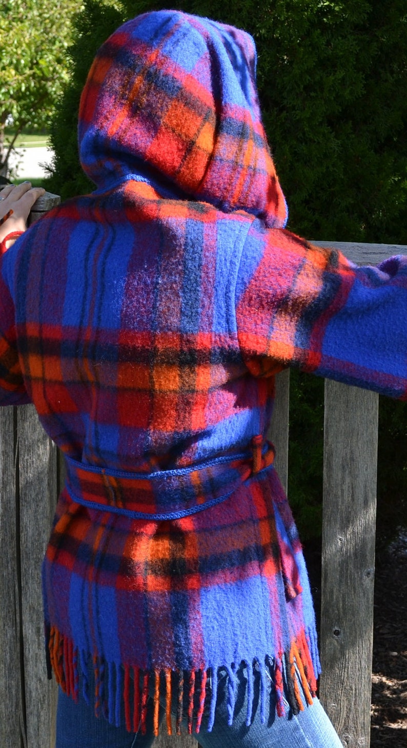 SALE 1960s 70s Fringed Plaid Wool Blanket Coat with Hood Etsy