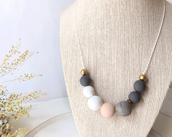 Polymer Clay Beaded Necklace- Multicolored, Gray, White, Adjustable length, Seven Beads, Statement Necklace, Gift for Women, Chunky Necklace