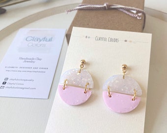 Polymer Clay Dangle Earrings- Valentine’s Day Earrings, Pink, Light Pink, Blush, Translucent, Sparkly, Gold, Gifts for Women