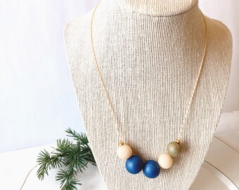 Polymer Clay Beaded Necklace- Multicolored, Blue, Gold, Sparkles, Statement Necklace, Five Beads, Adjustable, Gifts for Women