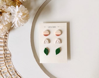 Polymer Clay Stud Earrings- Set of Three, Fall Earrings, Multicolored, Neutral, Green, Orange, Beige, White, Leaf, Gifts for Women