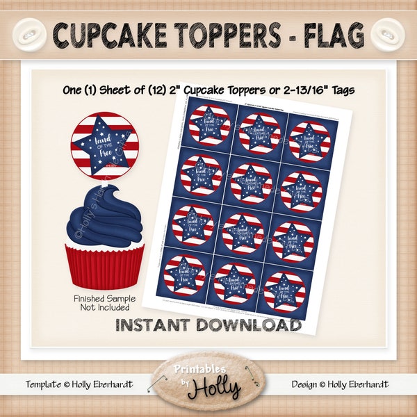 Cupcake Topper/Tags - FLAG - Americana - Instant Download Printable - Beginner Project - HEBER_1811