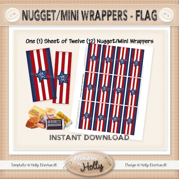 Nugget/Miniature Candy Bar Wrappers - FLAG - Americana - Instant Download Printable - Beginner Project - HEBER_1814