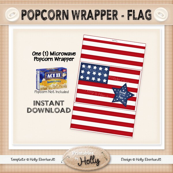 Popcorn Wrapper - FLAG - Americana - Instant Download Printable - Beginner Project - HEBER_1819
