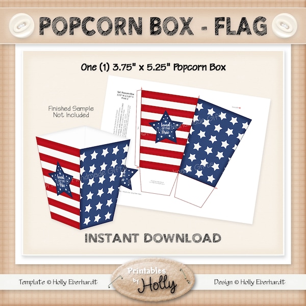 Popcorn Box - FLAG - Americana - Instant Download Printable - Experienced Beginner to Intermediate Project - HEBER_1807