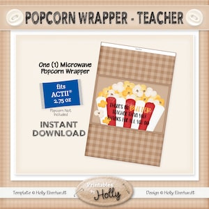 Puede incluir: Diseño de envoltorio de palomitas de maíz imprimible para profesores. El envoltorio presenta un cubo de palomitas de maíz rojo y blanco con el texto "¡No hay mejor maestro que tú! ¡Gracias por todo lo que haces!" y un fondo a cuadros marrón y blanco.