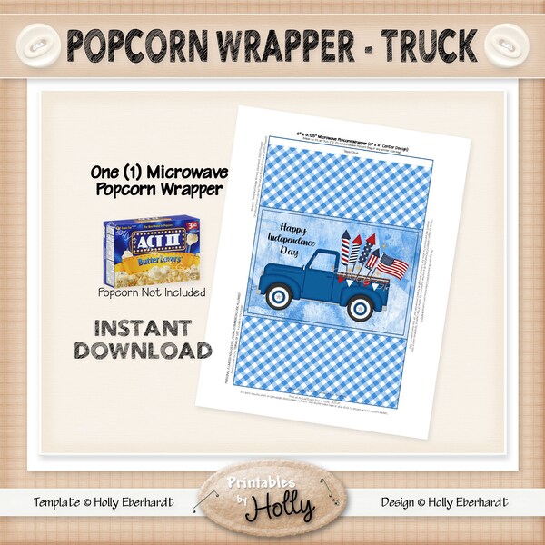 Microwave Popcorn Wrapper - TRUCK - Americana - Instant Download Printable - Beginner Project - HEBER_2403