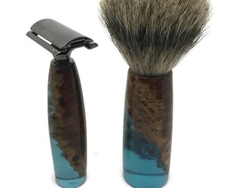 Razor and Shaving Brush set, Burl Wood and blue surf resin, Premium Badger Hair Shaving Brush, Safety, Fusion or Mach 3 Hardware