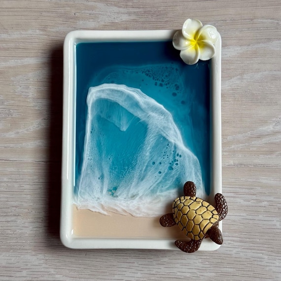 Ceramic Trinket Tray with Resin Beach Sea Turtle and Plumeria, Soap Dish