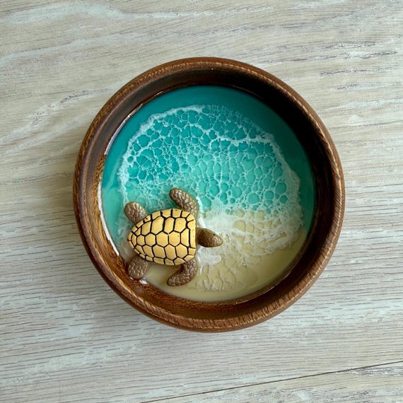 Resin Wood Bowl with Sea Turtle