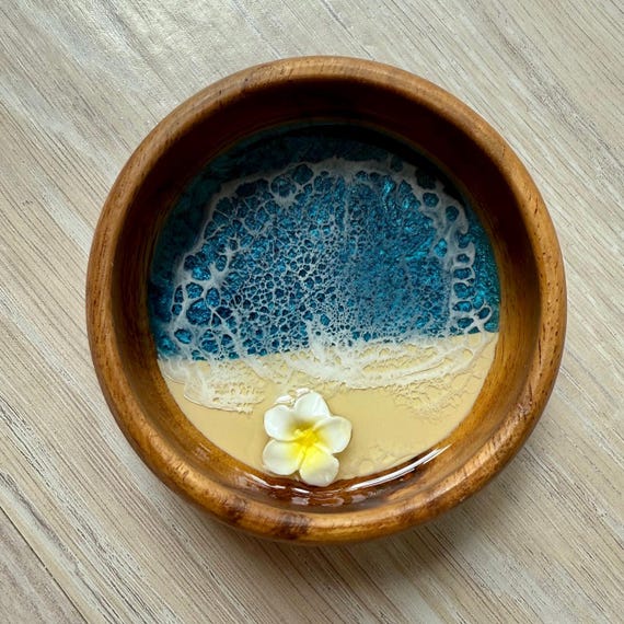 Resin Wood Bowl with Plumeria Flower