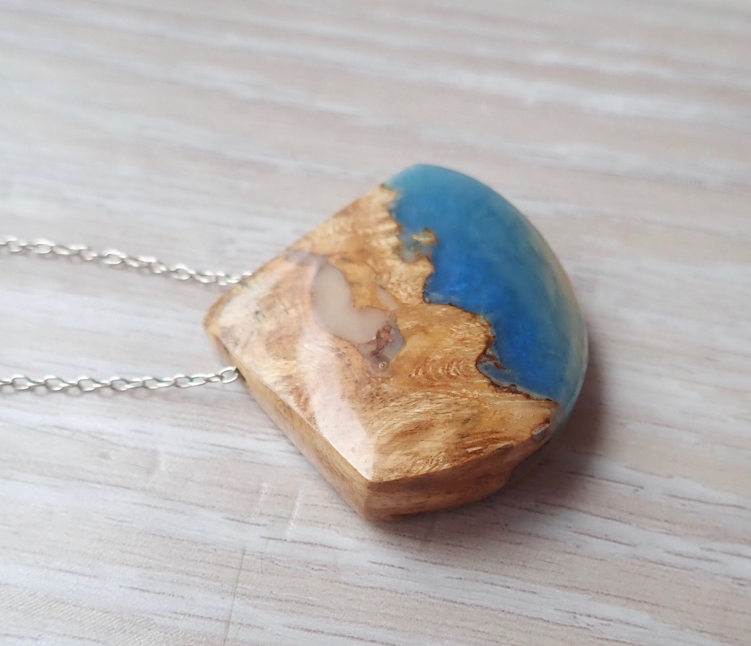 Burl Wood and Blue and Beige Resin Necklace