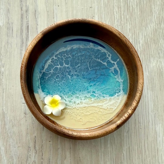 Resin Wood Bowl with Plumeria Flower