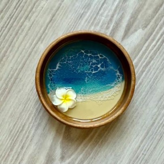 Resin Wood Bowl with Plumeria Flower