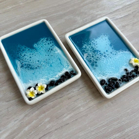 Resin Beach Trinket Tray with Plumeria Flower