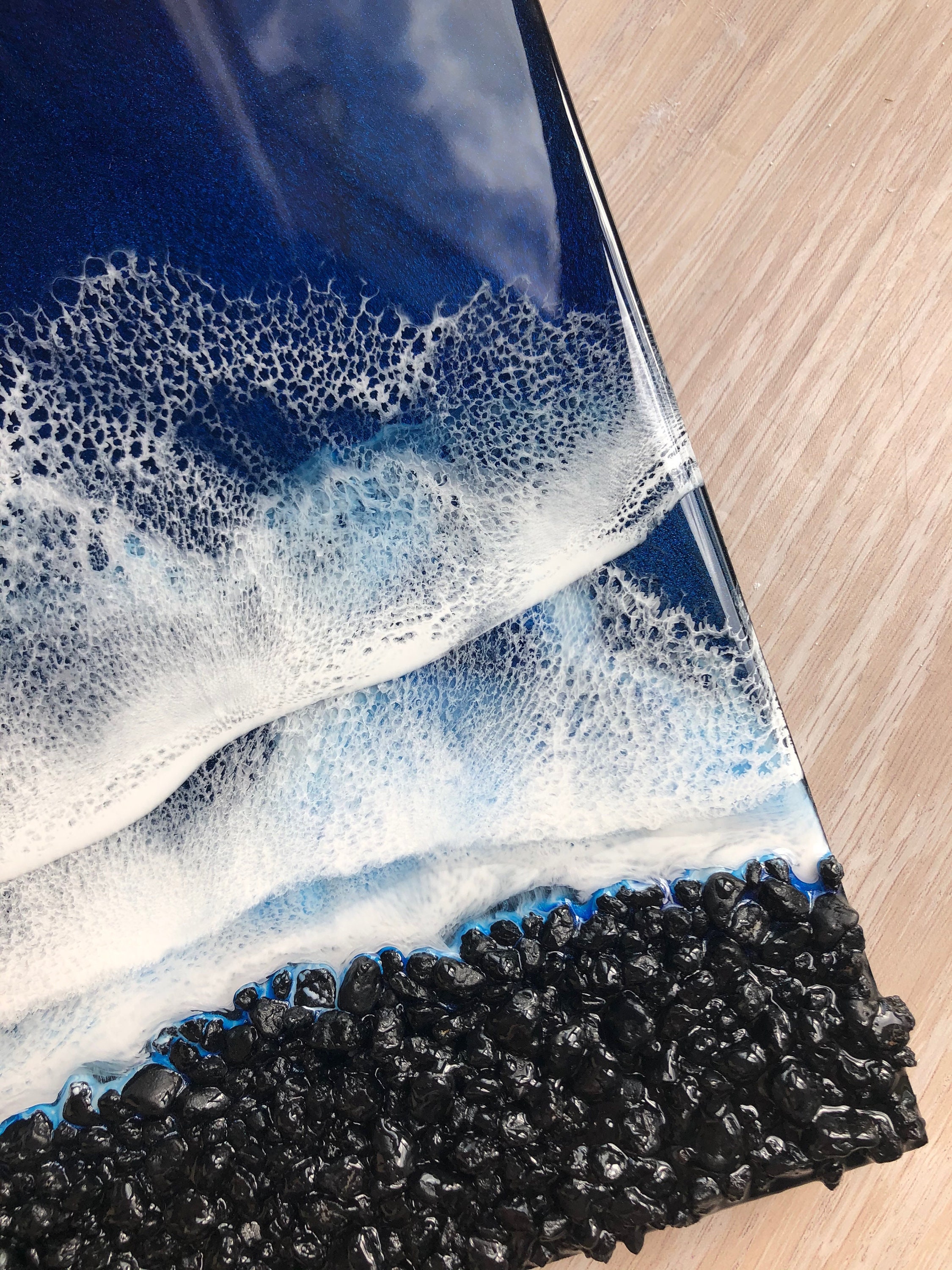 10x10 Resin Black Rock Beach, Resin Wall Art, Resin Wood Panel Artwork