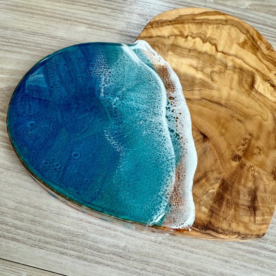 Heart Shaped Olive Wood and Resin Serving Board