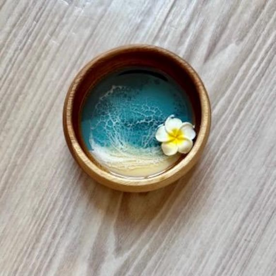 Resin Wood Bowl with Plumeria Flower