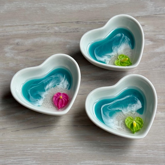 Heart Shaped Ring Dish with Resin Beach Scene and Anthurium Flower
