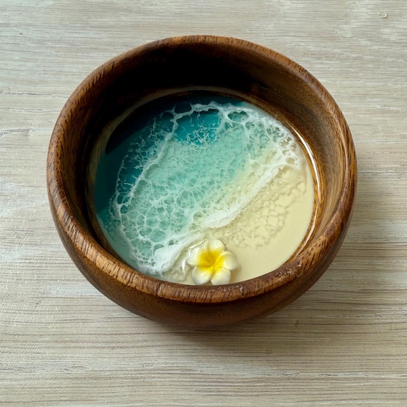 Resin Wood Bowl with Plumeria Flower