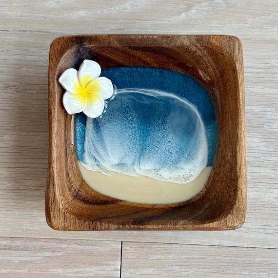 Resin Beach Wood Bowl with Plumeria