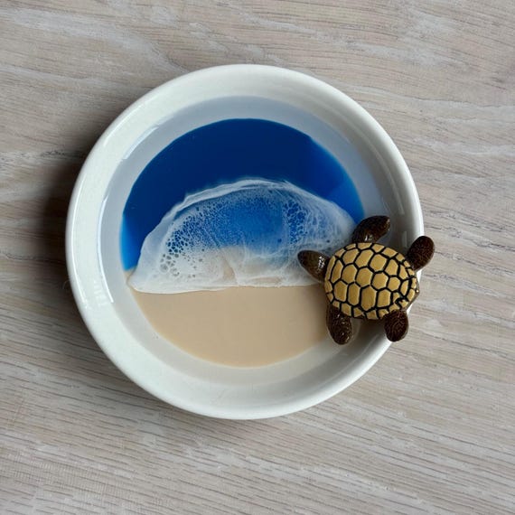 Ceramic Ring Dish with Resin Sea Turtle, Resin Beach Scene Ring Dish