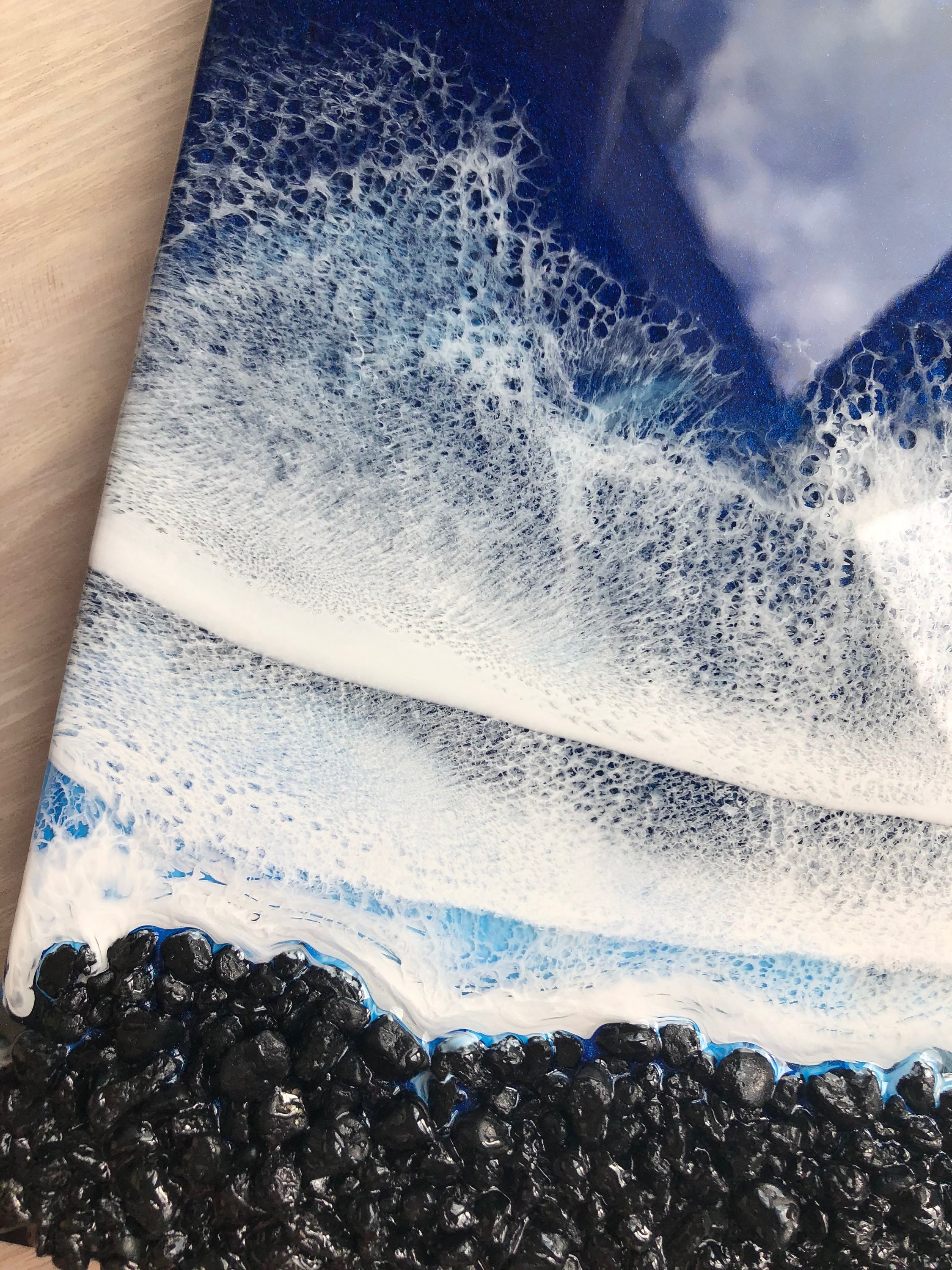 10x10 Resin Black Rock Beach, Resin Wall Art, Resin Wood Panel Artwork