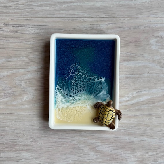Ceramic Trinket Tray with Resin Beach and Sea Turtle