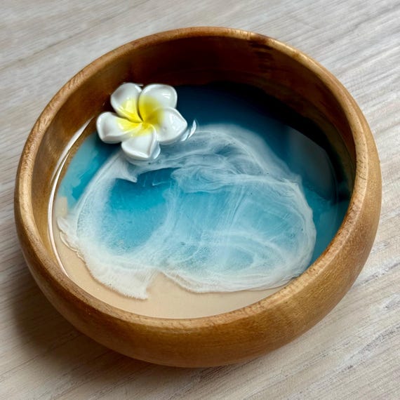 Resin Wood Bowl with Plumeria Flower