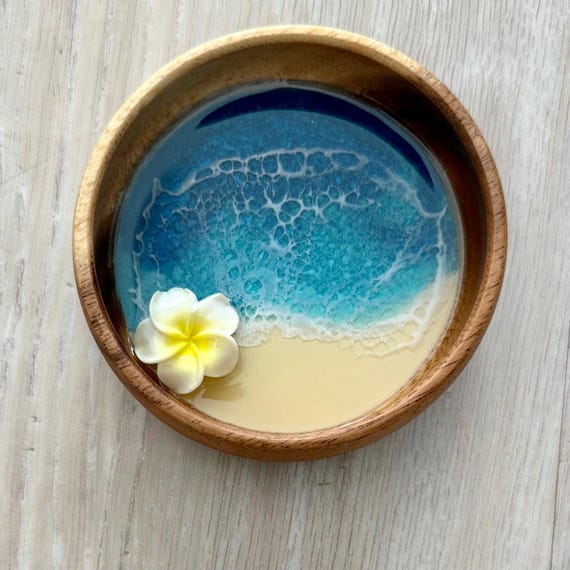 Resin Wood Bowl with Plumeria Flower