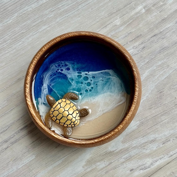 Resin Wood Bowl with Sea Turtle