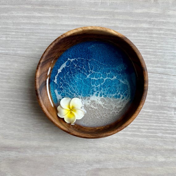 Resin Wood Bowl with Plumeria Flower