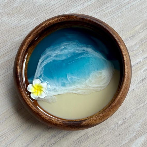 Resin Wood Bowl with Plumeria Flower