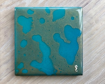 Resin coral reef coaster with seahorse