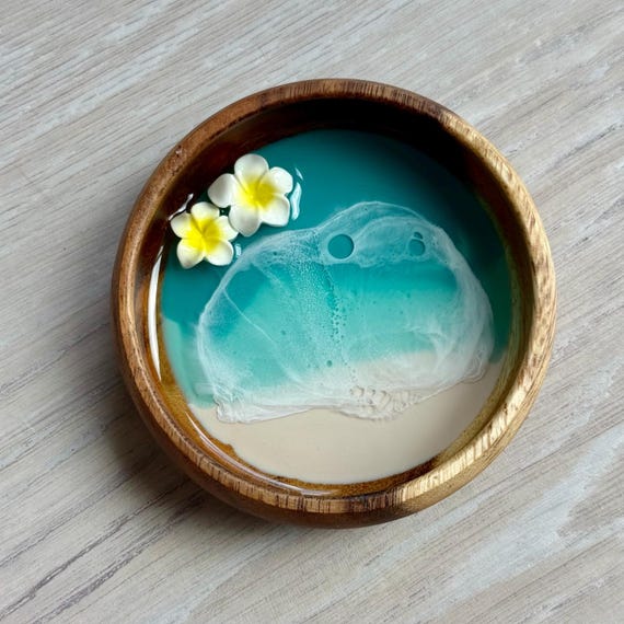 Resin Wood Bowl with Plumeria Flower