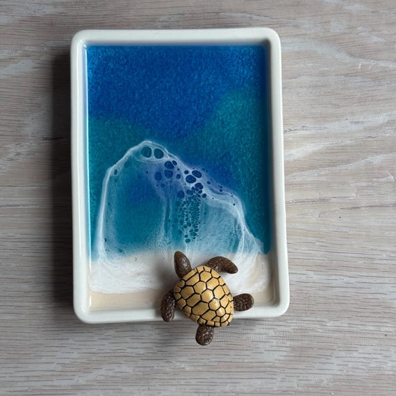 Ceramic Trinket Tray with Resin Beach and Sea Turtle