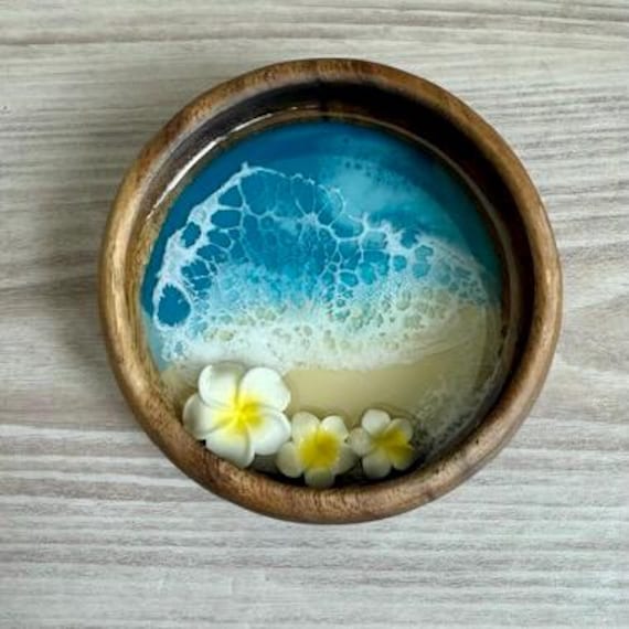Resin Wood Bowl with Plumeria Flower
