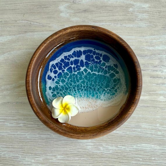 Resin Wood Bowl with Plumeria Flower