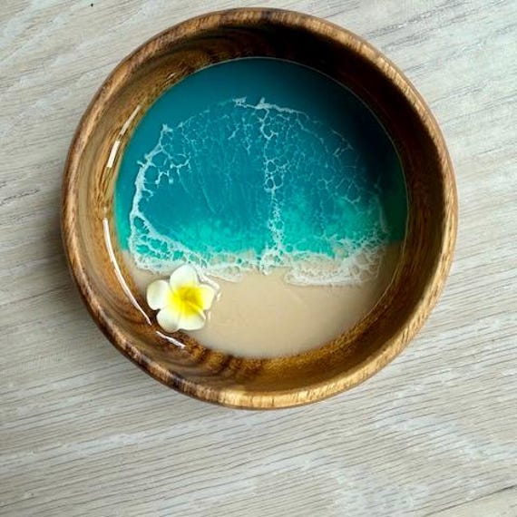 Resin Wood Bowl with Plumeria