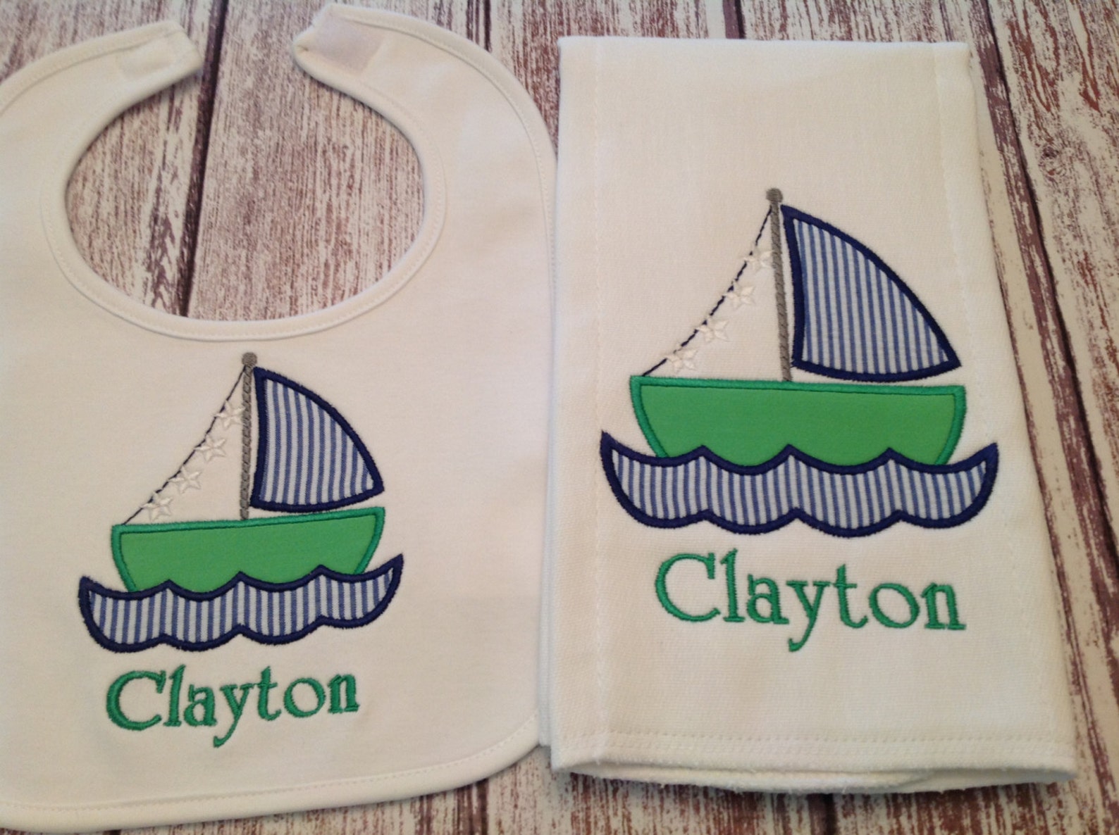 Baby Boy Sailboat Burp Cloth & Bib Setpersonalize With Name Etsy