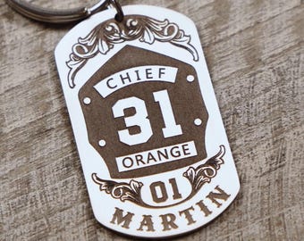 Custom Firefighter Keychain Personalized with Name Number and Rank Firefighter Helmet Shield
