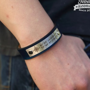 Custom Coordinates Personalized Leather Bracelet With Stainless Plate Longitude Latitude GPS Coordinates Bracelet