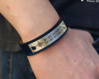 Custom Coordinates Personalized Leather Bracelet With Stainless Plate Longitude Latitude GPS Coordinates Bracelet