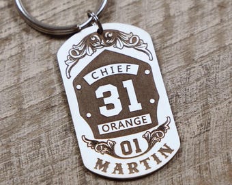 Custom Firefighter Keychain Personalized with Name Number and Rank Firefighter Helmet Shield