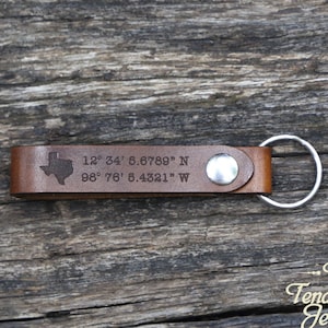 State GPS Coordinate Longitude Latitude Leather Key Fob Leather Key Strap Custom Keychain Personalized Key chain Customized Keychain Keyring