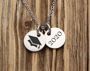 Personalized Engraved Year and Graduation Cap Charms Custom Year Graduation Class Necklace