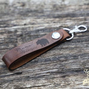 Mama Bear Leather Key ring Fob with snap Leather Key Strap Bear Cubs Key Fob Keychain Leather Key Chain Christmas Gift Idea
